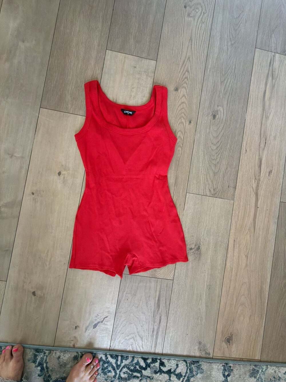 Chicme Ribbed Scoop Neck Sleeveless Short Romper Red